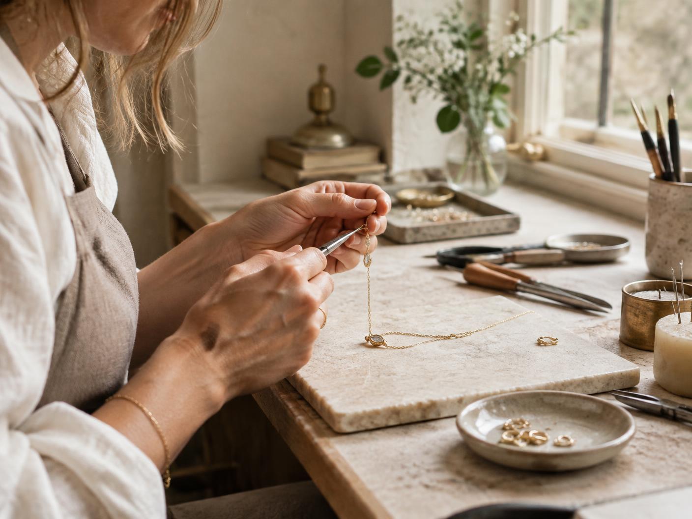 Jeweller finishing a delicate OHMEIN necklace by hand